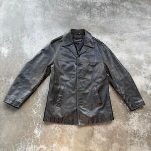 Vintage 90's Guess Black Leather heavy jacket men's size medium faded and worn